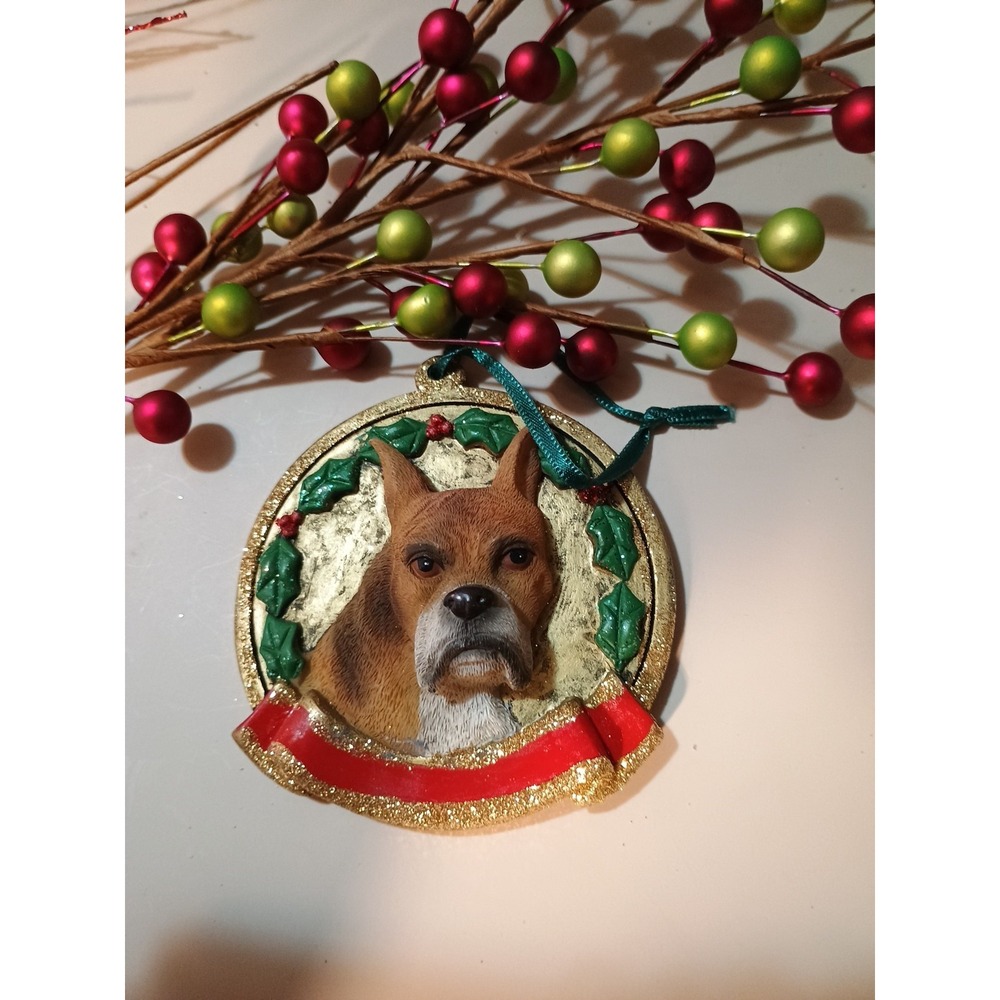TJ's Chirstmas Boxer Ceramic Ornament Boxer Dog Head in Holiday Wreath 3"
